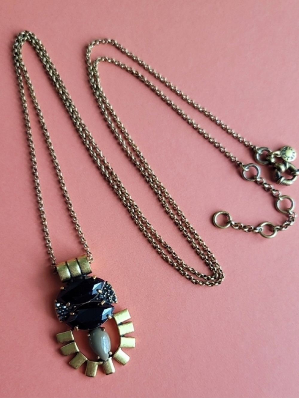 J.Crew Necklace Long Antique Gold Link Chain Black Crystal Taupe Stone Pendant